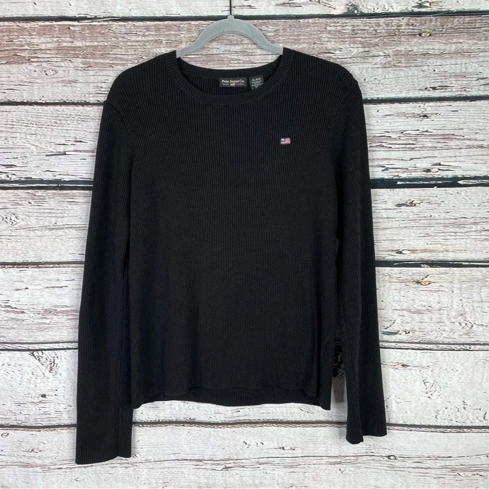 Vintage Polo Jeans Company Ralph Lauren Black Ribbed Sweater Flag Logo Womens XL
